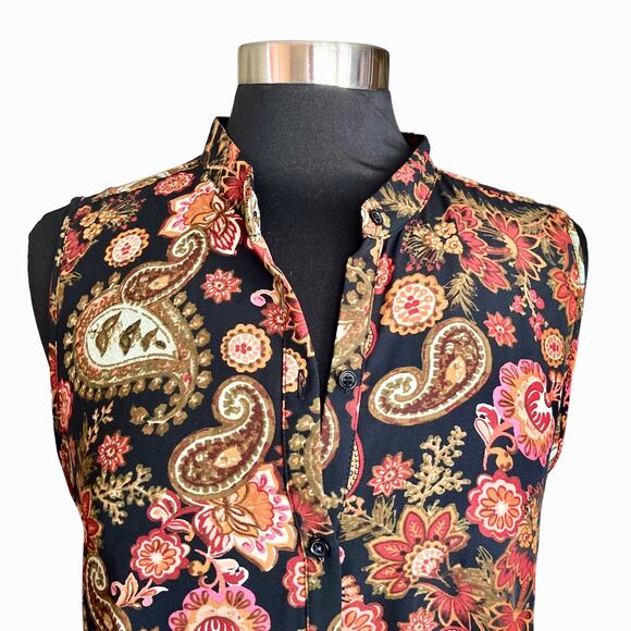 Cupio Dark Floral Paisley Sleeveless Long Line Top Button Up LG Boho Cottagecore - Picture 2 of 10
